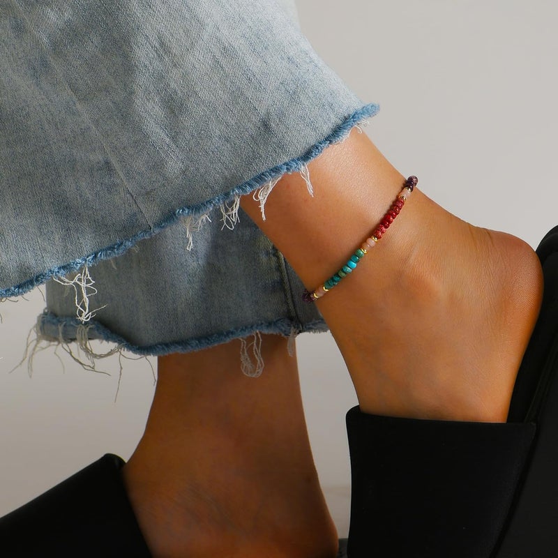 Wremily Natural Stone Beaded Anklets Bracelets for Women Handmade Beaded Anklet Bracelet Waterproof Boho Beads Ankle Bracelet Adjustable Summer Jewelry - Image 4